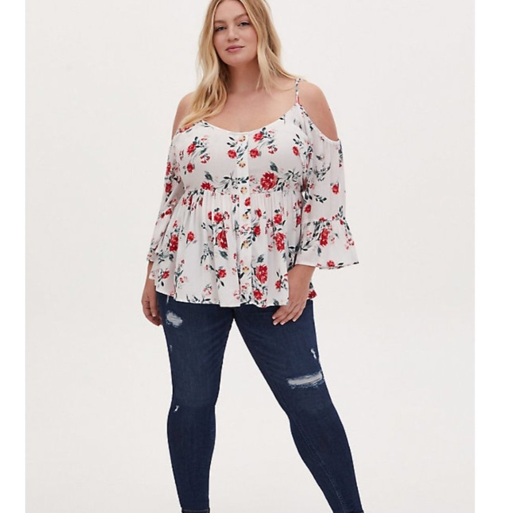 Torrid Ivory Floral Gauze Button Cold Shoulder Top